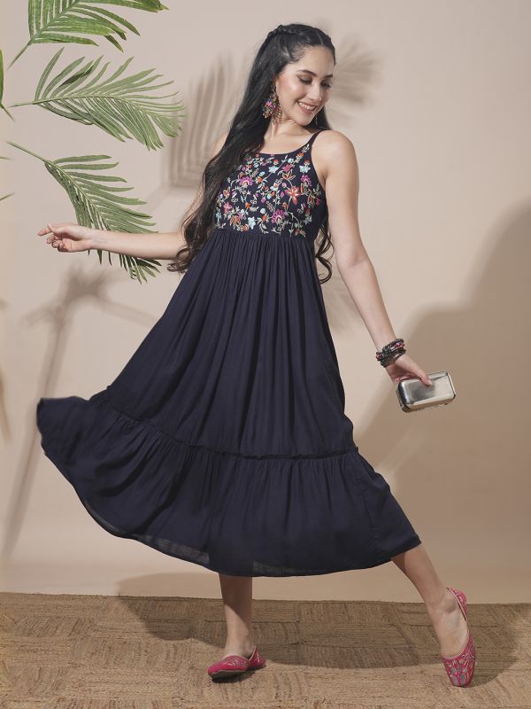 Globus Women Blue Floral Embroidered Yoke Strappy Shoulder Smocked Fit & Flare Tiered Midi Fusion Dress