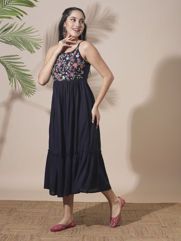 Globus Women Blue Floral Embroidered Yoke Strappy Shoulder Smocked Fit & Flare Tiered Midi Fusion Dress
