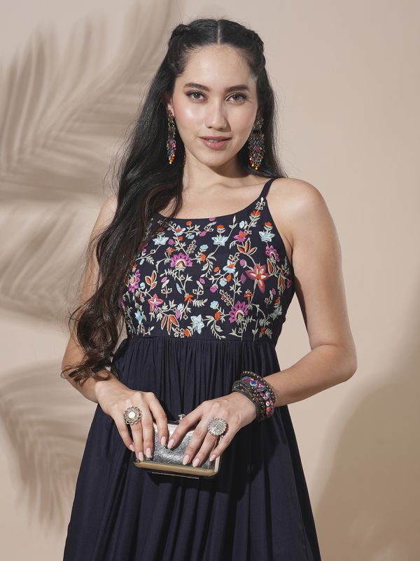 Globus Women Blue Floral Embroidered Yoke Strappy Shoulder Smocked Fit & Flare Tiered Midi Fusion Dress