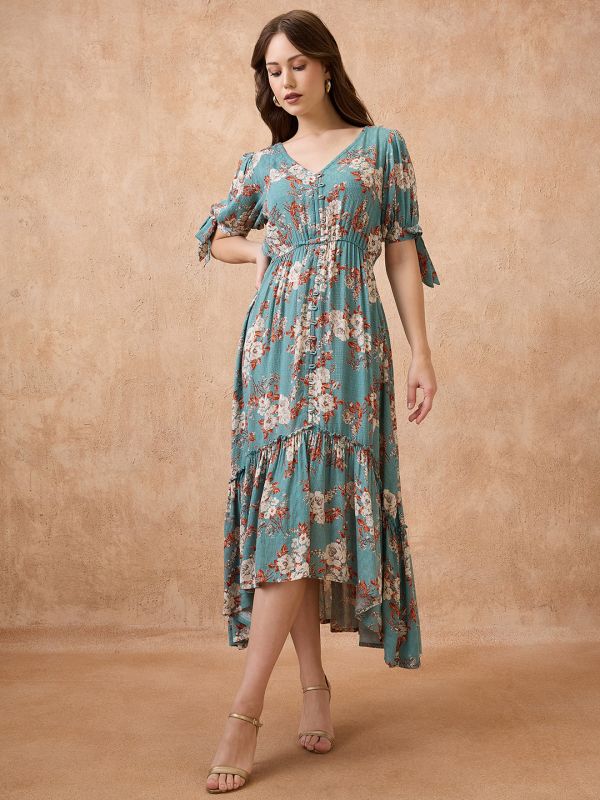 Globus Women Blue Floral Print V-Neck Puff Sleeves Fit and Flare Midi Tiered Fusion Dress