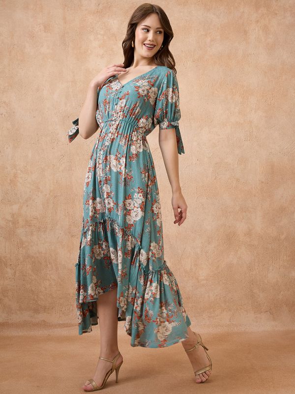 Globus Women Blue Floral Print V-Neck Puff Sleeves Fit and Flare Midi Tiered Fusion Dress