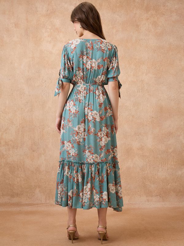 Globus Women Blue Floral Print V-Neck Puff Sleeves Fit and Flare Midi Tiered Fusion Dress