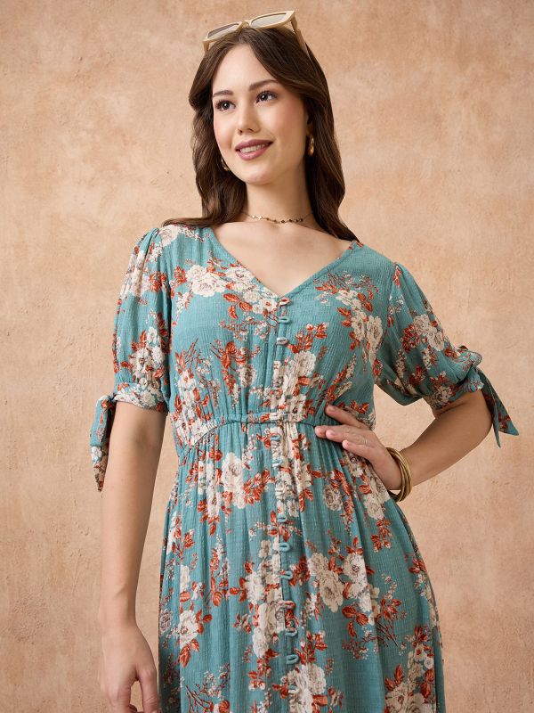Globus Women Blue Floral Print V-Neck Puff Sleeves Fit and Flare Midi Tiered Fusion Dress