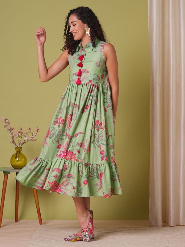 Globus Women Green Shirt Collar Floral Print Tassel Detail Gathered A-Line Tiered Midi Fusion Dress