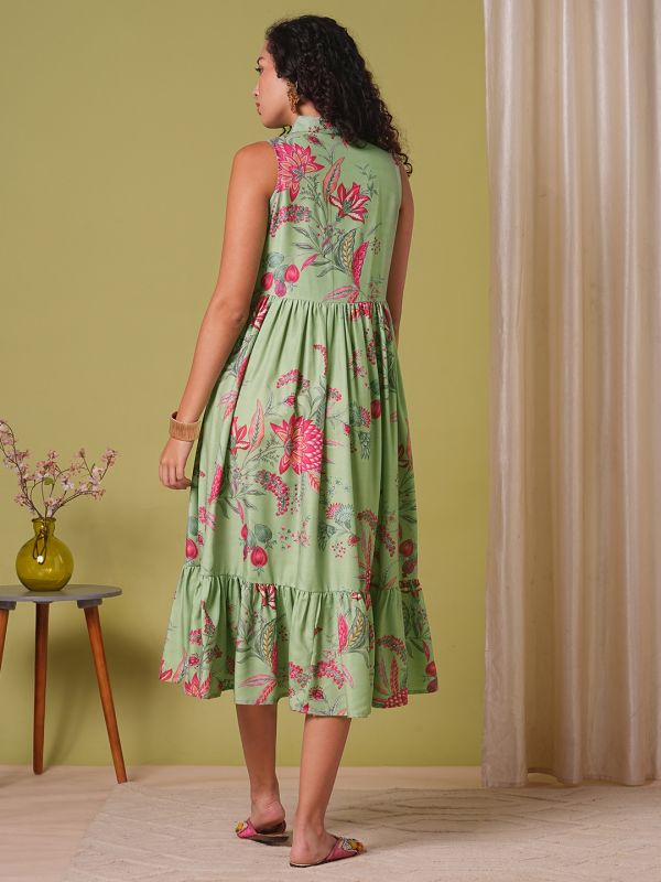 Globus Women Green Shirt Collar Floral Print Tassel Detail Gathered A-Line Tiered Midi Fusion Dress