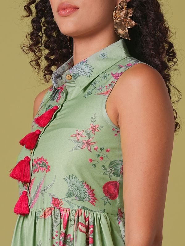 Globus Women Green Shirt Collar Floral Print Tassel Detail Gathered A-Line Tiered Midi Fusion Dress