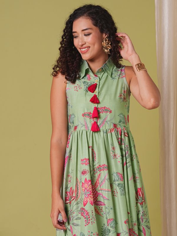 Globus Women Green Shirt Collar Floral Print Tassel Detail Gathered A-Line Tiered Midi Fusion Dress