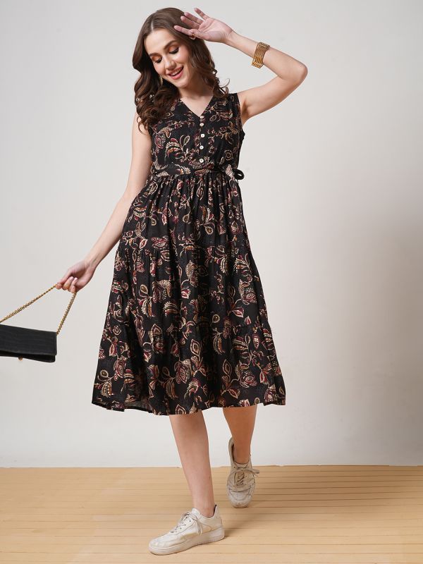 Globus Women Black V-Neck Allover Floral Printed Tiered Midi Fit & Flare Fusion Dress With Belt