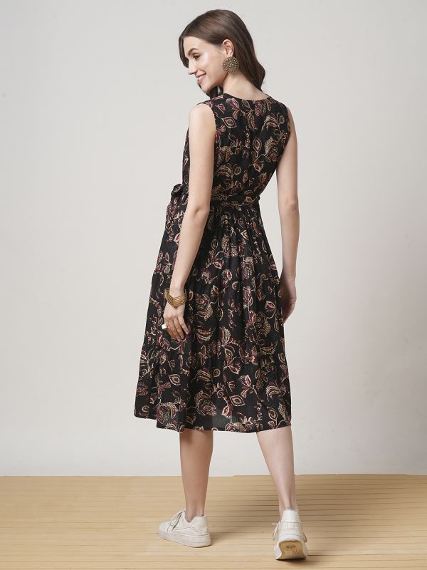 Globus Women Black V-Neck Allover Floral Printed Tiered Midi Fit & Flare Fusion Dress With Belt