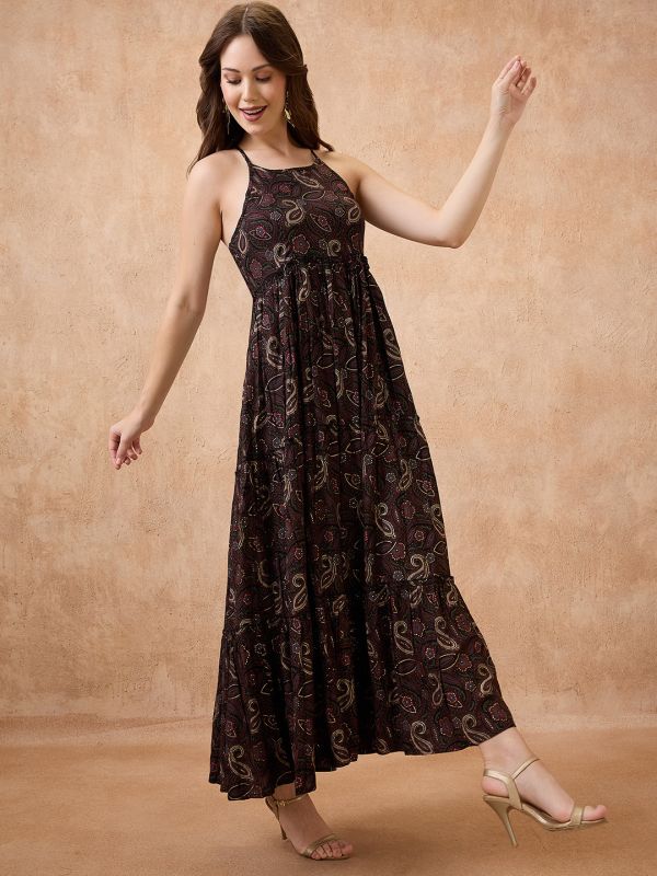 Globus Women Black Floral Print Halter Neck Shoulder Strap Fit and Flare Maxi Fusion Dress