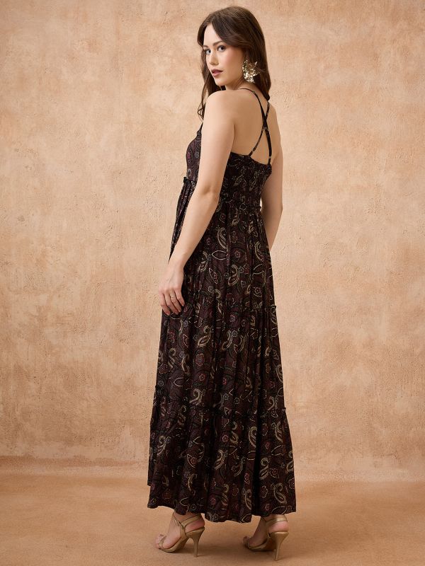 Globus Women Black Floral Print Halter Neck Shoulder Strap Fit and Flare Maxi Fusion Dress