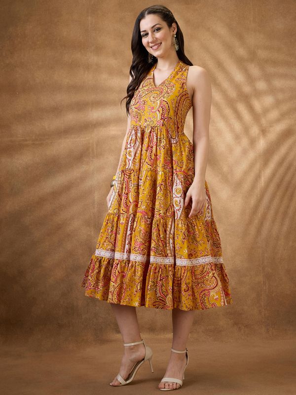 Globus Women Yellow Paisley Print Halter Neck Fit and Flare Midi Fusion Dress