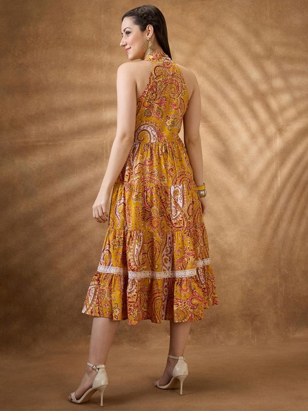 Globus Women Yellow Paisley Print Halter Neck Fit and Flare Midi Fusion Dress
