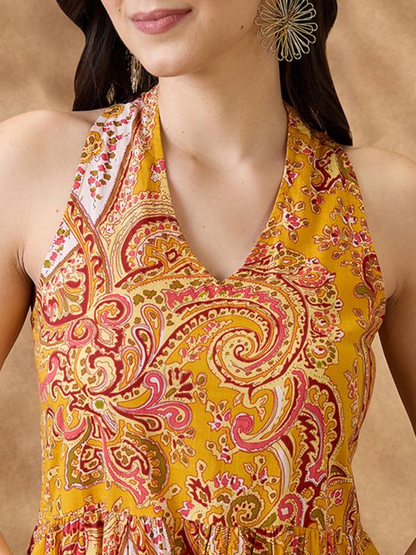 Globus Women Yellow Paisley Print Halter Neck Fit and Flare Midi Fusion Dress