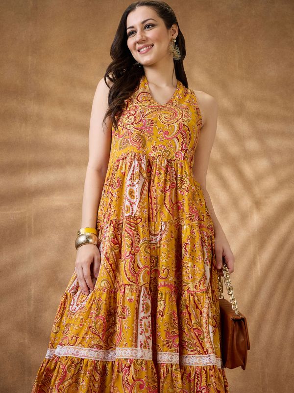 Globus Women Yellow Paisley Print Halter Neck Fit and Flare Midi Fusion Dress