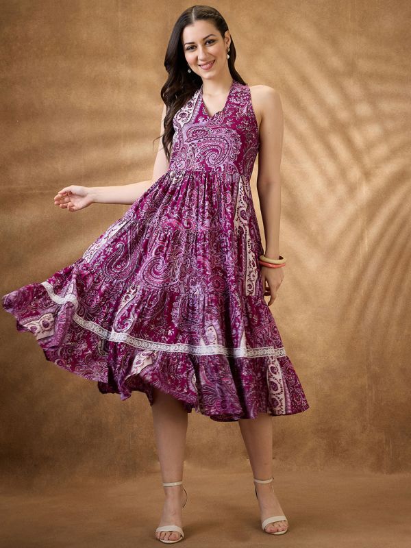 Globus Women Purple Paisley Print Halter Neck Fit and Flare Midi Fusion Dress
