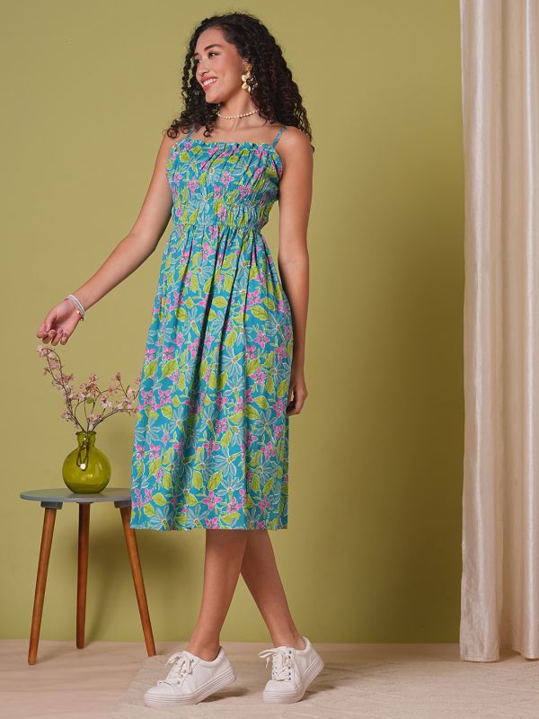 Globus Women Teal Floral Print Square Neck Strappy Shoulder Gathered Fit & Flare Midi Fusion Dress