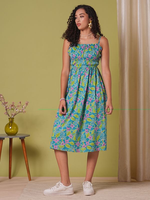 Globus Women Teal Floral Print Square Neck Strappy Shoulder Gathered Fit & Flare Midi Fusion Dress
