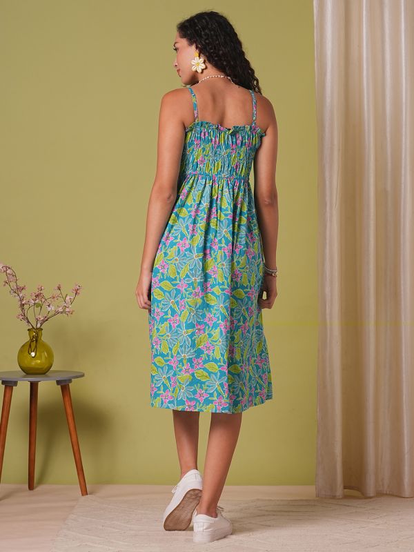 Globus Women Teal Floral Print Square Neck Strappy Shoulder Gathered Fit & Flare Midi Fusion Dress