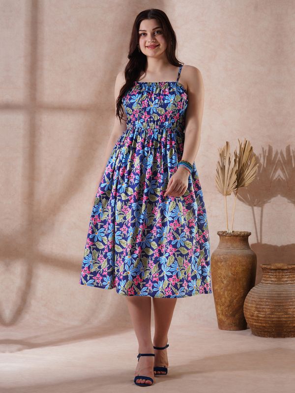 Globus Women Navy Blue Floral Print Square Neck Strappy Shoulder Gathered Fit & Flare Midi Fusion Dress