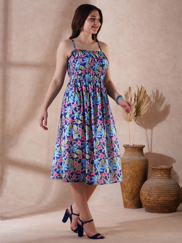 Globus Women Navy Blue Floral Print Square Neck Strappy Shoulder Gathered Fit & Flare Midi Fusion Dress