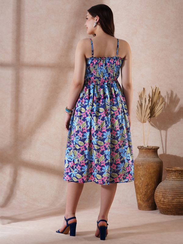 Globus Women Navy Blue Floral Print Square Neck Strappy Shoulder Gathered Fit & Flare Midi Fusion Dress