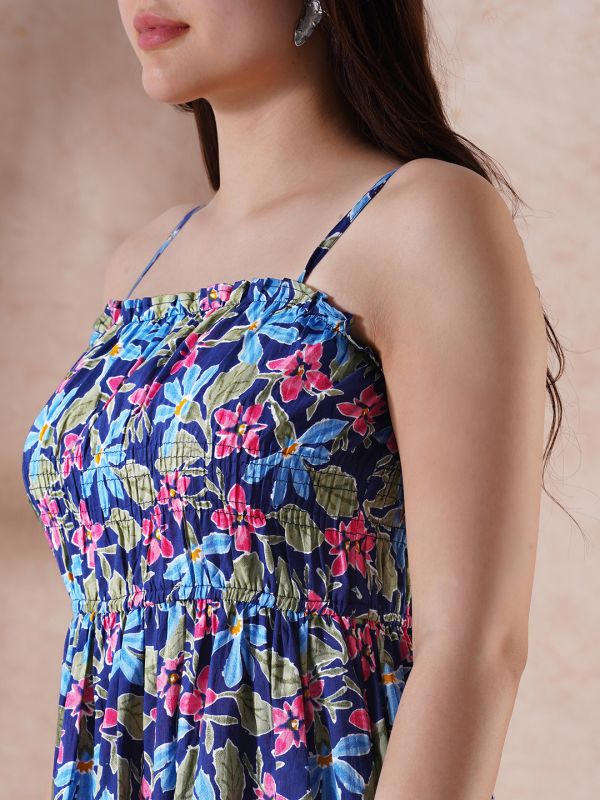Globus Women Navy Blue Floral Print Square Neck Strappy Shoulder Gathered Fit & Flare Midi Fusion Dress