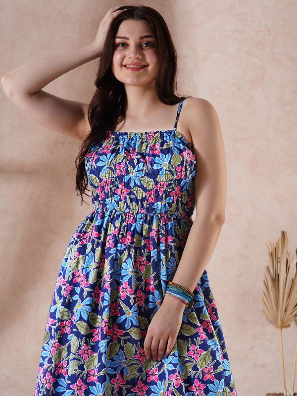 Globus Women Navy Blue Floral Print Square Neck Strappy Shoulder Gathered Fit & Flare Midi Fusion Dress