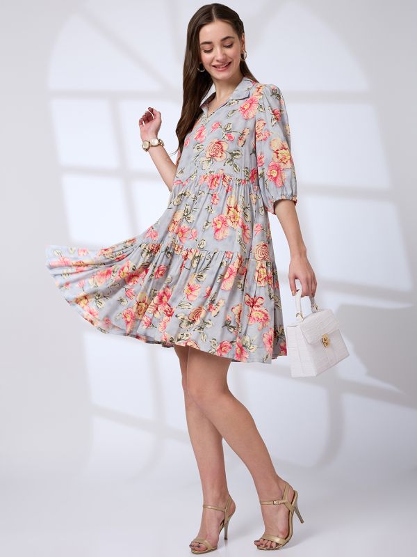 Globus Women Blue Shirt Collar Puff Sleeves Floral Print A-Line Mini Fusion Dress