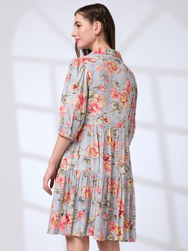 Globus Women Blue Shirt Collar Puff Sleeves Floral Print A-Line Mini Fusion Dress