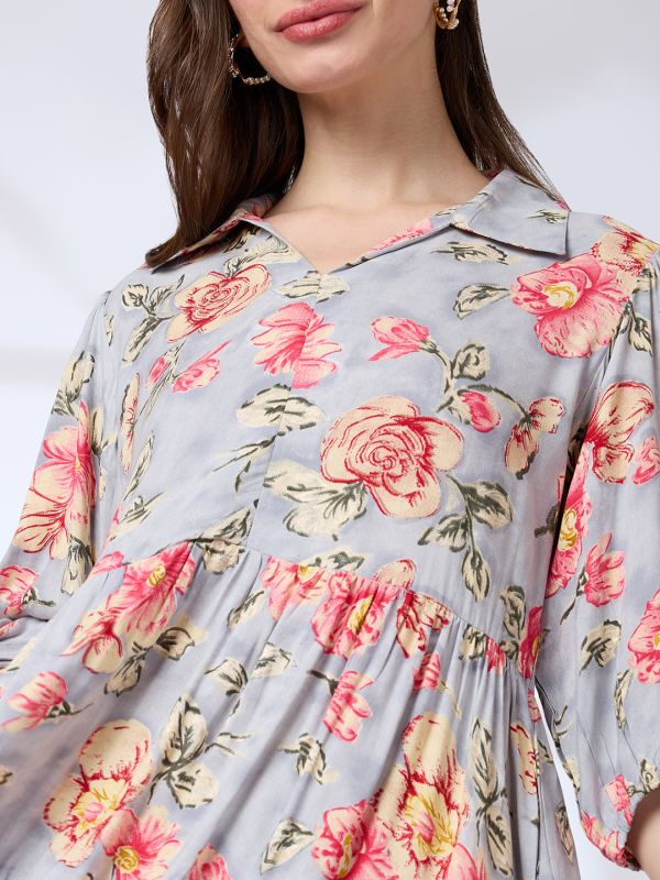 Globus Women Blue Shirt Collar Puff Sleeves Floral Print A-Line Mini Fusion Dress