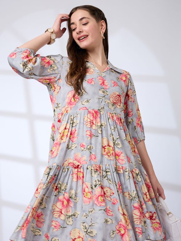 Globus Women Blue Shirt Collar Puff Sleeves Floral Print A-Line Mini Fusion Dress
