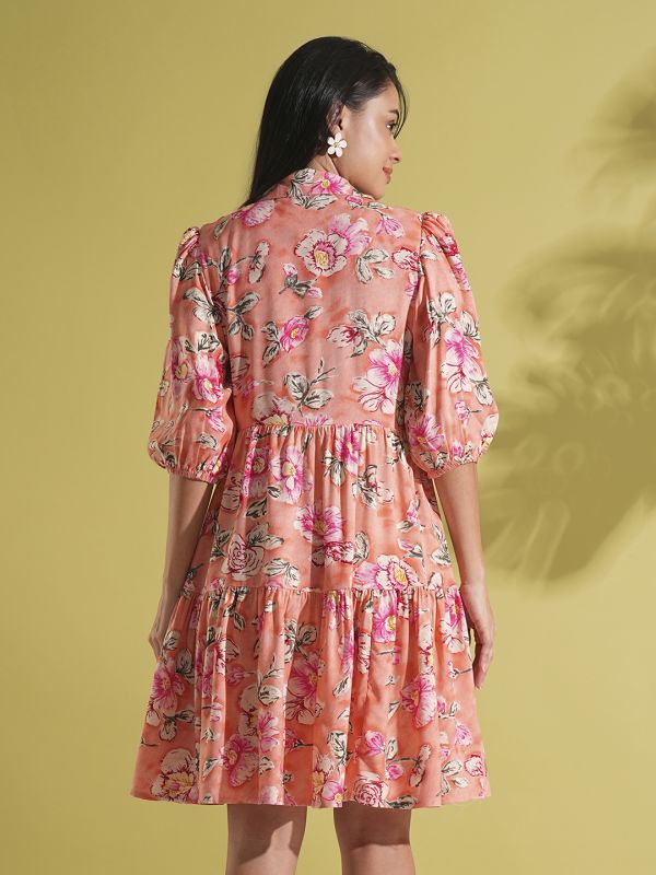 Globus Women Coral Floral Print Shirt Collar Puff Sleeves Tiered Knee Length Fusion Dress
