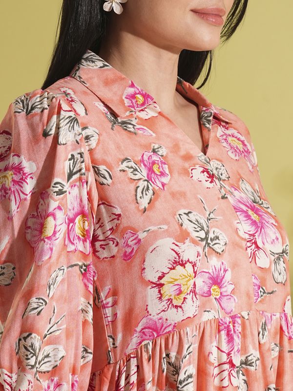 Globus Women Coral Floral Print Shirt Collar Puff Sleeves Tiered Knee Length Fusion Dress