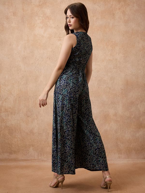 Globus Women Blue V-Neck Ethnic Print Flared Fusion Jumpsuit