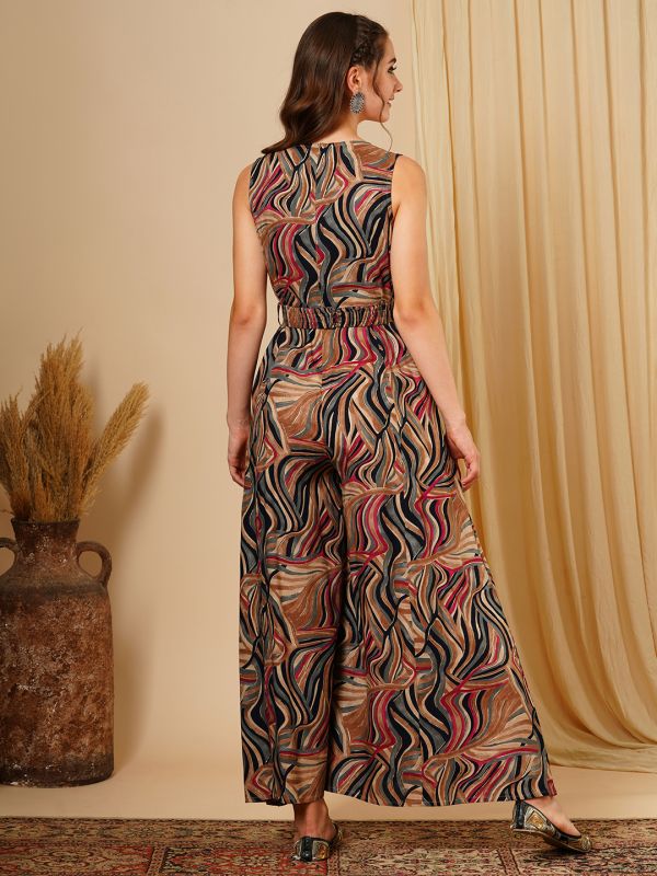 Globus Women Multi Colour Abstract Print Wrap V-Neck Waist tie Up Flared Hem Fusion Jumpsuit