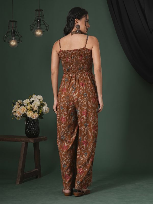 Globus Women Mustard Square Neck Adjustable Strappy Shoulder Smocked Floral Print Fusion Jumpsuit