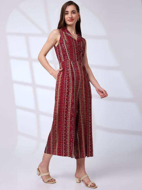 Globus Women Maroon Lapel Collar Floral Printed Waist Tie-Ups Fusion Jumpsuit