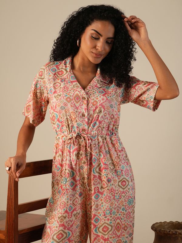 Globus Women Pink Cuban Collar Geometric Print Waist Tie-Ups Fusion Jumpsuit