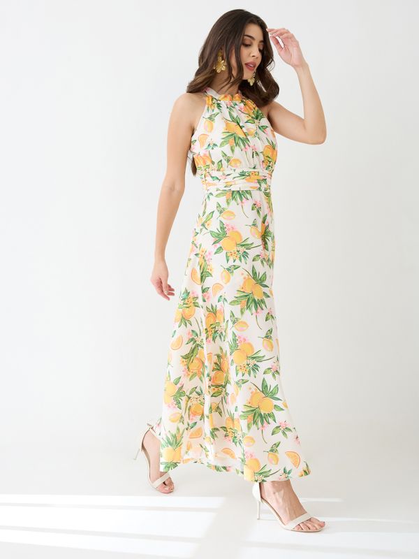 Globus Women Yellow Floral & Fruit Print Halter Neck Pleated Detail Flared Fusion Jumpsuit