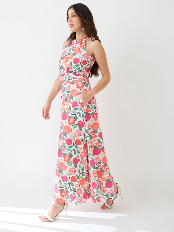Globus Women Pink Floral & Fruit Print Halter Neck Pleated Detail Flared Fusion Jumpsuit