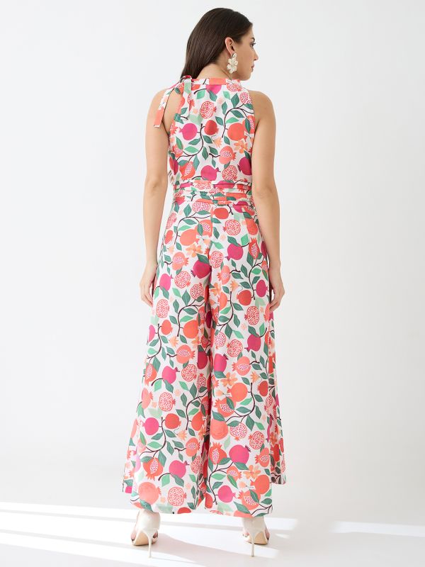 Globus Women Pink Floral & Fruit Print Halter Neck Pleated Detail Flared Fusion Jumpsuit
