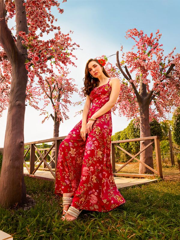 Globus Women Pink Sweetheart Neck Strappy Shoulder Floral Print Ruched Fusion Jumpsuit