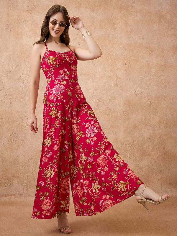 Globus Women Pink Sweetheart Neck Strappy Shoulder Floral Print Ruched Fusion Jumpsuit