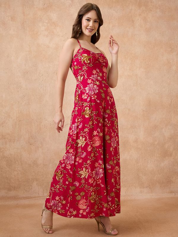 Globus Women Pink Sweetheart Neck Strappy Shoulder Floral Print Ruched Fusion Jumpsuit