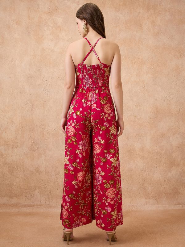 Globus Women Pink Sweetheart Neck Strappy Shoulder Floral Print Ruched Fusion Jumpsuit