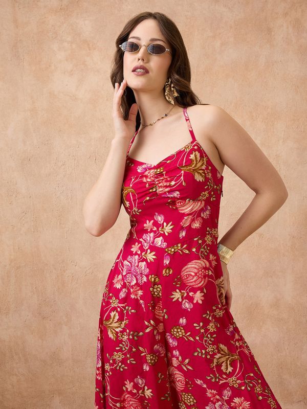 Globus Women Pink Sweetheart Neck Strappy Shoulder Floral Print Ruched Fusion Jumpsuit