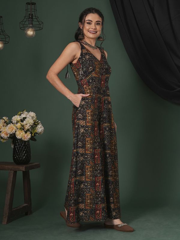 Globus Women Blue V-Neck Tassel Tie-Up Shoulder Straps Ethnic Floral Print Flared Fusion Jumpsuit