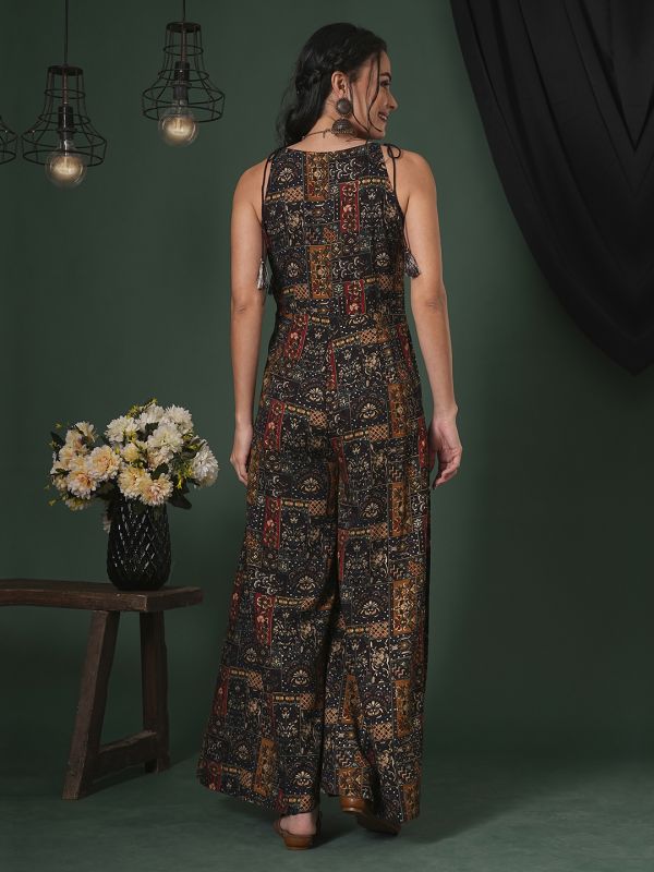 Globus Women Blue V-Neck Tassel Tie-Up Shoulder Straps Ethnic Floral Print Flared Fusion Jumpsuit