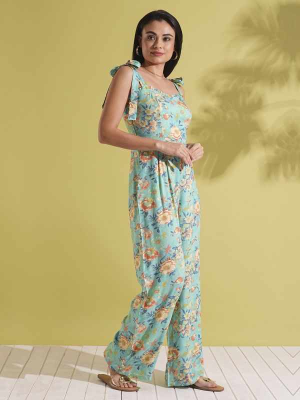 Globus Women Blue Frill Detail Sweetheart Neck Tie-Up Strappy Shoulder Floral Print Fusion Jumpsuit